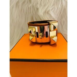 Hermes Collier de Chien Orange Leather and Gold Authentic Bracelet